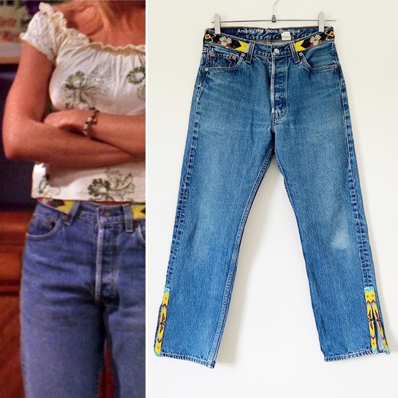 Exceptionally Rare 90s Vintage Upcycled Beaded Jeans ASO Rachel Green in Friends - Picture 5 of 15